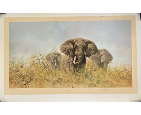 David Shepherd signed 36x24 overall limited edition wildlife print titled Three Happy Jumbos one of only 850 copies. Good con