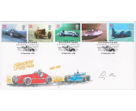 Stirling Moss signed Silverstone Golden Jubilee 1948-1998 FDC Triple PM Silverstone Golden Jubilee 29 September 1998. Sir Sti