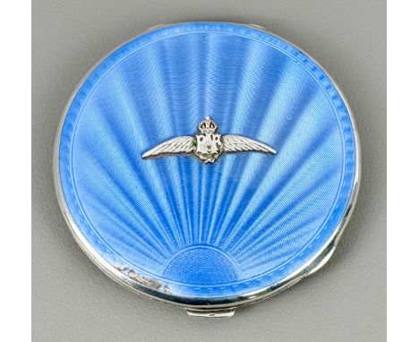 A George V silver and enamel RAF compact - Gladwin Ltd, Birmingham 1934, circular with light blue guilloche enamel, with a ce
