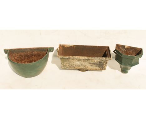 Three pieces of architectural salvage - the rectangular rainwater hopper 44.5 x 19 x 20 cm