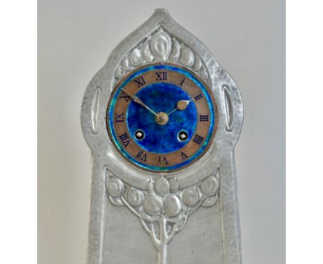 David Veasey for Liberty &amp; Co: a large 'Tree of Life' pewter and enamel mantel clock - c.1905, the circular copper dial w