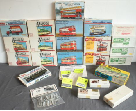 A collection of OO / HO gauge 1/72 and 1/76 scale model kits by Keil Kraft, Tower Trams,&nbsp; and Hadfields - mostly trams (