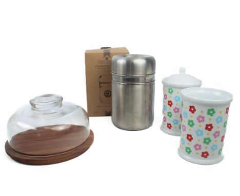 A pair of Cath Kidston kitchen storage jars - one with lid, 15cm high; together with a boxed stainless steel 1 litre Fermenti