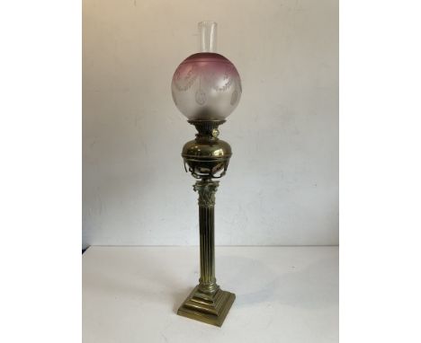 A late 19th century Hinks brass and glass column oil lamp &ndash; with No.1 Hinks Triple burner and shaded and frosted pink g
