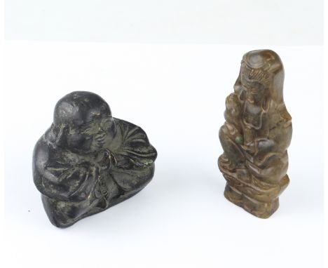 An Oriental small patinated bronze seated figure of Buddha - 4.9cm high; and a small carved jade-style hardstone figure of Bu