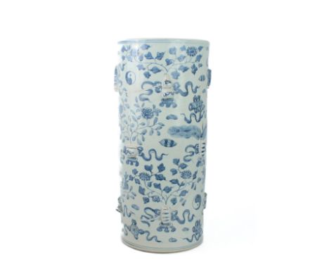 An antique Chinese blue and white porcelain stick stand vase - probably early 20th century, extensively broken and repaired, 