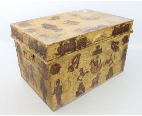 A handpainted tin toy box - converted from an early 20th century trunk made by Thos. W. Harrison &amp; Son of Nottingham, the
