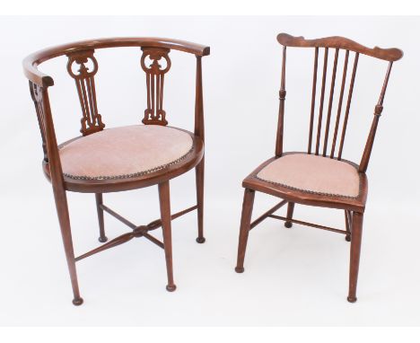 Two Edwardian chairs -&nbsp; a tub back open armchair, with three pierced splats, oval padded seat and turned tapered legs wi