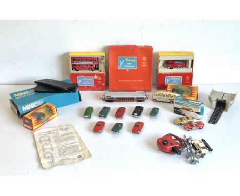 A small group of Triang Minic Motorway and Minic Motor Racing cars and accessories - including three boxed MM models (M1541 R