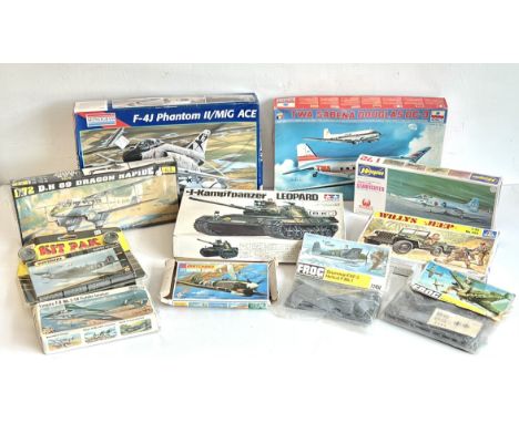 A collection of scale model aircraft kits - makers including Monogram, Hasegawa, Esci, Italeri, Matchbox, Heller, Frog, Drago