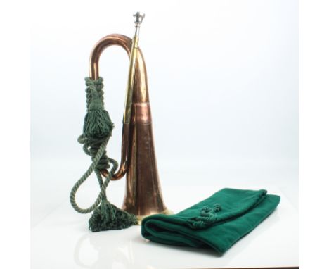 A large 19th century copper and brass bugle - with plated mouthpiece, 45.25cm long.