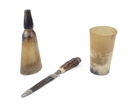 A German Othello Soligen stag-handled knife with sheath - 21cm long overall; together with a horn powder flask; and a horn be