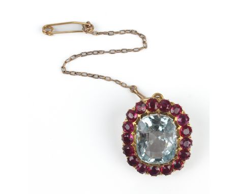 An antique 14ct gold, ruby and aquamarine cluster pendant brooch - early 20th century, unmarked but tests as 14ct gold, the c