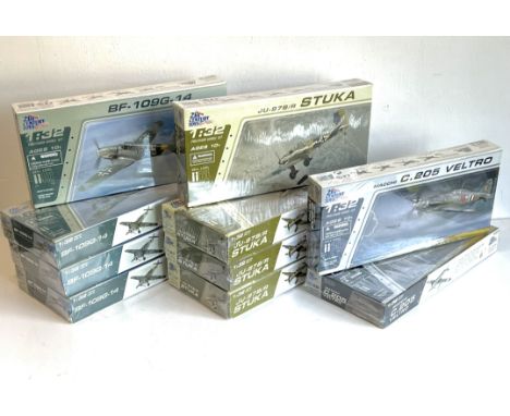 Ten 1/32 scale plastic scale model aircraft kits by 21st Century Toys - comprising Ju-87 B/R Stuka dive bomber (x4); Messersc