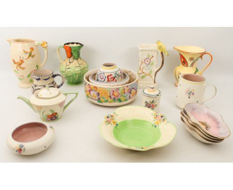 Eighteen pieces of mid-20th century pottery by Poole (x 5), Clarice Cliff (x 5), Ditmar Urbach of Czechoslovakia, Collard of 