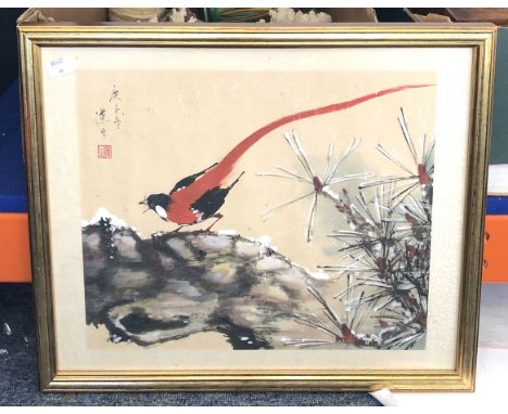 Two Chinese watercolours on silk of birds - probably mid-20th century, one of a bird of prey on a pine tree branch, the other
