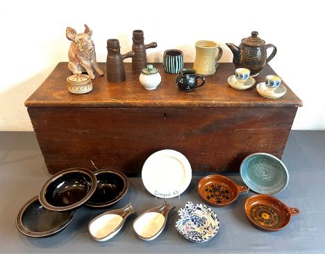 A large collection of studio pottery - including three mugs by Jeremy Leach, Lowerdown Pottery, Bovey Tracey, Devon; a Lotus 