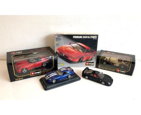 Four Burago diecast 1/18 and 1/24 scale model cars - comprising a boxed 1/18 scale Dodge Viper RT/10; a boxed 1/24 scale 1928