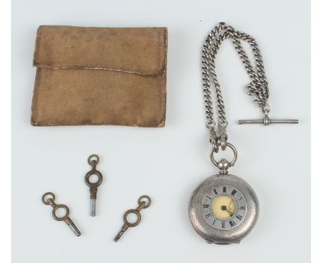 A late 19th century silver and enamel half hunter fob watch - Swiss .935 standard hallmarks, key wind lever movement, Roman w