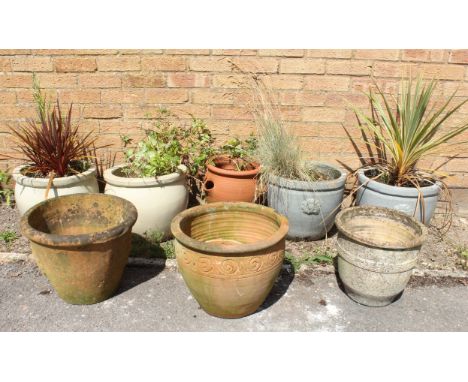 Eight various glazed and terracotta garden planters and pots, including a strawberry planter - the largest pot 39cm diameter,
