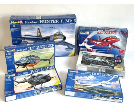 Six Revell scale model aircraft kits - comprising a 1/32 scale 04727 Hawker Hunter F. Mk.6; a 1/32 04284 BAe Hawk T.1A Red Ar