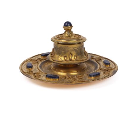 A French gilt bronze and lapis lazuli ink stand - late 19th / early 20th century, the dished circular stand and waisted inkwe