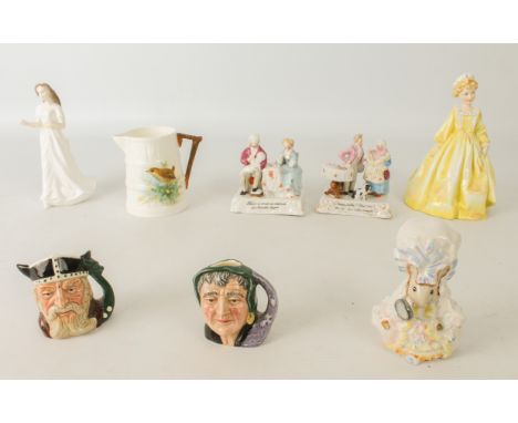 Six pieces by Royal Worcester, Royal Doulton and Beswick and two fairings: a Beswick Beatrix Potter 'Lady Mouse' figure;  a R