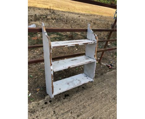 A vintage grey distressed painted hanging shelf unit - with three open shelves. (LWH 66 x 92 x 22cm)