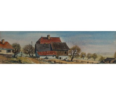 Four pieces: 1. Two rural scenes by K. Lange (20th century, German) 'Häuser auf Insel Hiddensee' pen and ink wash  (11 x 18.5
