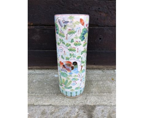 A Chinese famille rose porcelain stick stand - second half 20th century, painted with Mandarin ducks, birds, fish and aquatic