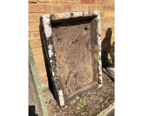 A large carved stone shallow rectangular garden trough - 91 x 61 x 17cm.