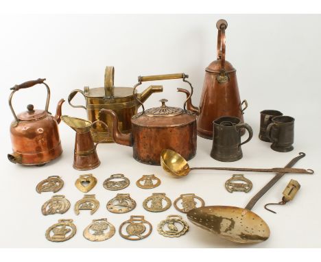 A mixed lot of copper, brass and pewter ware to include: a 19th century range kettle; an antique coffee pot with swing handle