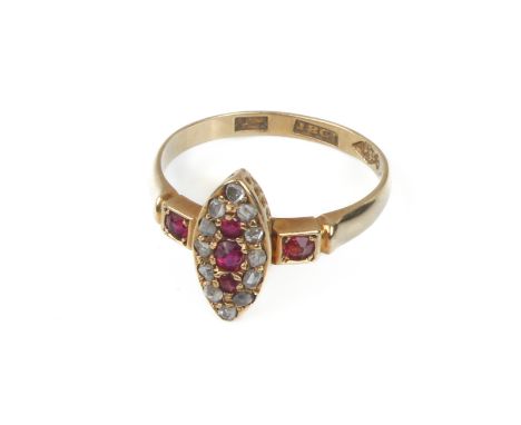 An antique 18ct ruby and diamond marquise cluster ring - marked '18CT', the central marquise cluster with a central row of th