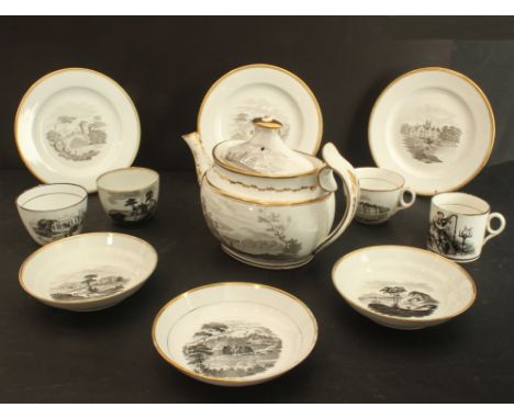A group of Regency bat printed tea ware including Spode - decorated en grisaille with buildings in landscapes, including a Sp