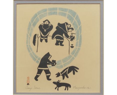 An Inuit print, &lsquo;Camp Scene&rsquo; by Nawpachee - serigraph, printed in light blue and black, signed, dated 1961 and in