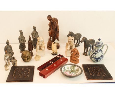 A collection of modern Chinese and Asian collectables - including a carved boxwood figure of a fisherman, 31.5cm high; a blue