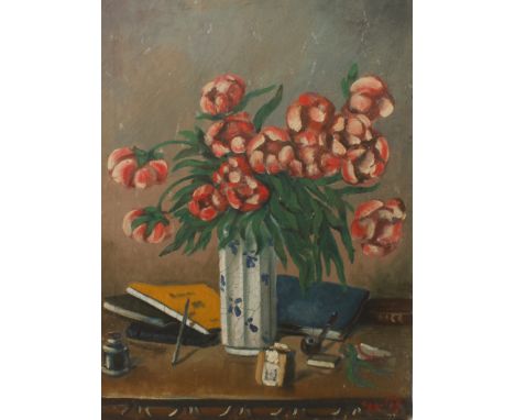 Continental school Still life of a vase of peonies, books and pipe oil on canvas, indistinctly signed l.r. 24 x 18 in. (61 x 