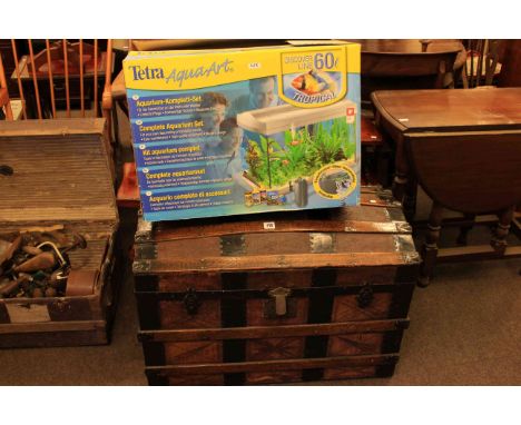 Vintage dome topped trunk, stained pine telephone seat and aquarium (3)