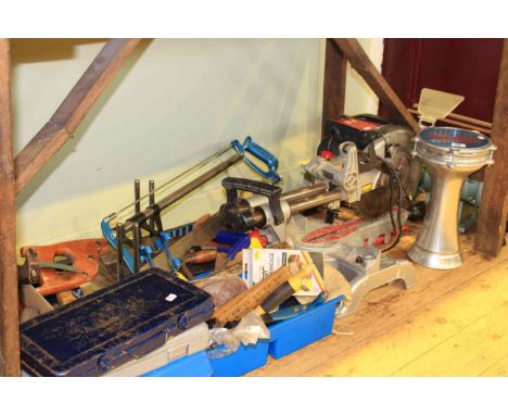 Collection of electrical and other tools including grinder, Rexon saw, clamps, socket set, etc