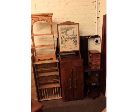 Deco style three tier table, 1930's cutlery cabinet, nest of three drawers, needlework panel firescreen, mahogany double beds