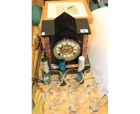 19th Century slate mantel clock, brass fire tools, ornithological engravings, Babycham glasses, etc