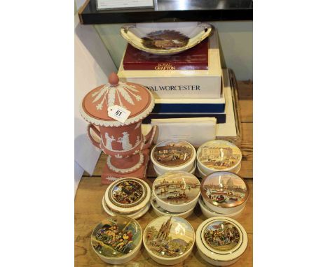 Wedgwood Earthenware relief decorated urn, Coalport Pratt Ware style pot lids, Royal Worcester and other decorative plates