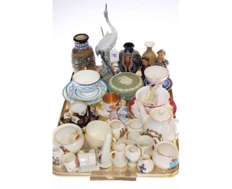 Lladro heron, WH Goss and other crested china, Doulton Lambeth vase, two Hummel figures, cabinet cups and saucers, pin cushio