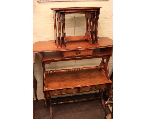 Yew and mahogany two drawer sofa coffee table, nest of three tables with matching coffee table (3)