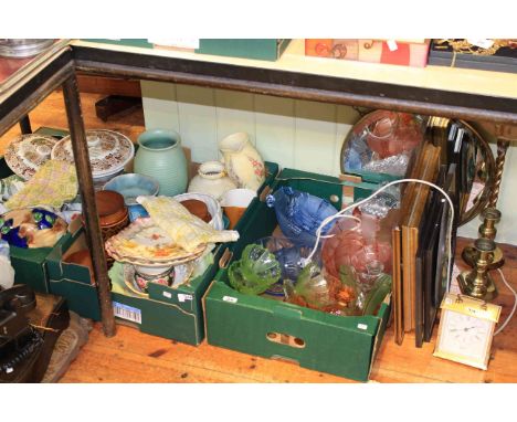Three boxes of dinnerware, vases, jugs, glass fruit dishes, brass framed mirror, pair of candlesticks, lamp, clock, pictures,