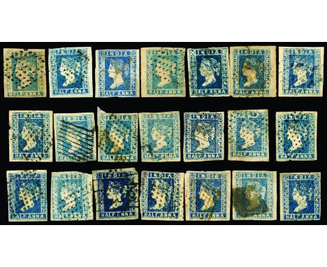INDIA - 1854 ½a blue, fifty-one used examples on two stockcards, mostly die I with a few die II and III, a wide range of shad