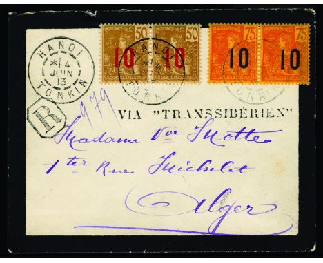 Springbett Mr. D - French Indo-China: 1913 June 13, registered mourning cover to Alger, franked with horizontal pairs of the 