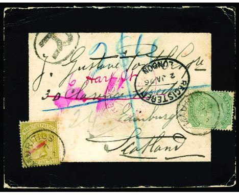 Springbett Mr. D - Mauritius: 1895 December 7, registered mourning cover to Scotland, franked with 2d green and 25c olive-yel