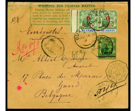 Springbett Mr. D - Mauritius: 1899 June 14, 4c on 3c green/light brown postal stationary wrapper sent registered to Gand (Bel