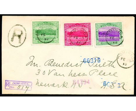 DOMINICA - 1910 Registered cover to USA, franked by 1907-08 watermark MCA ½d green, 1s magenta and grey-green and 1908-20 1d 